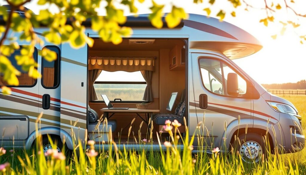 A-cozy-well-appointed-camping-vehicle-nestled-in-a-serene-sun-dappled-meadow.-The-RVs-sleek-1024x585 La déclaration des revenus issus de la location de camping-car