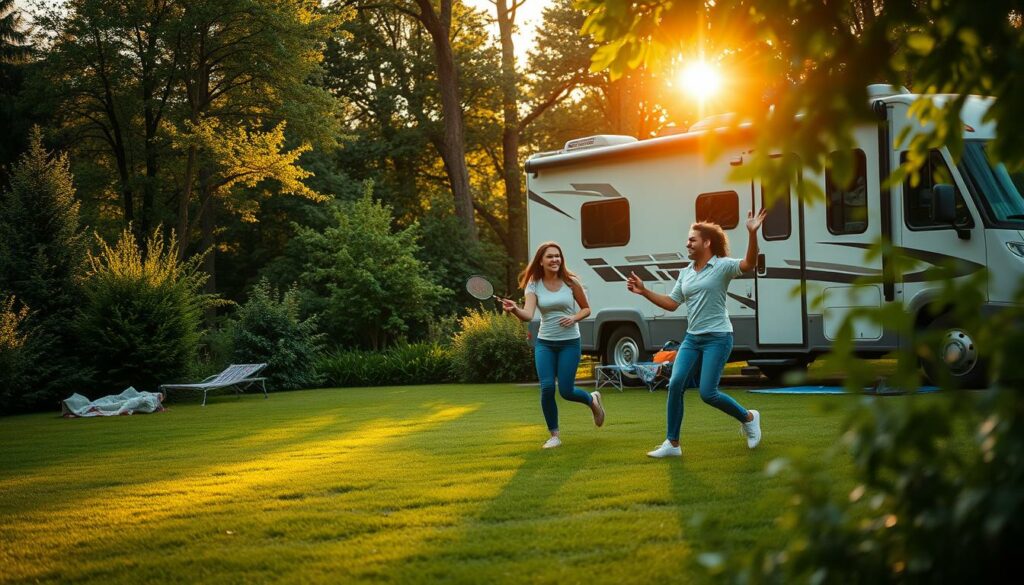 A-peaceful-campsite-nestled-in-nature-with-a-couple-playing-an-energetic-game-of-badminton-on--1024x585 Activités de plein air à faire pendant un voyage en camping-car