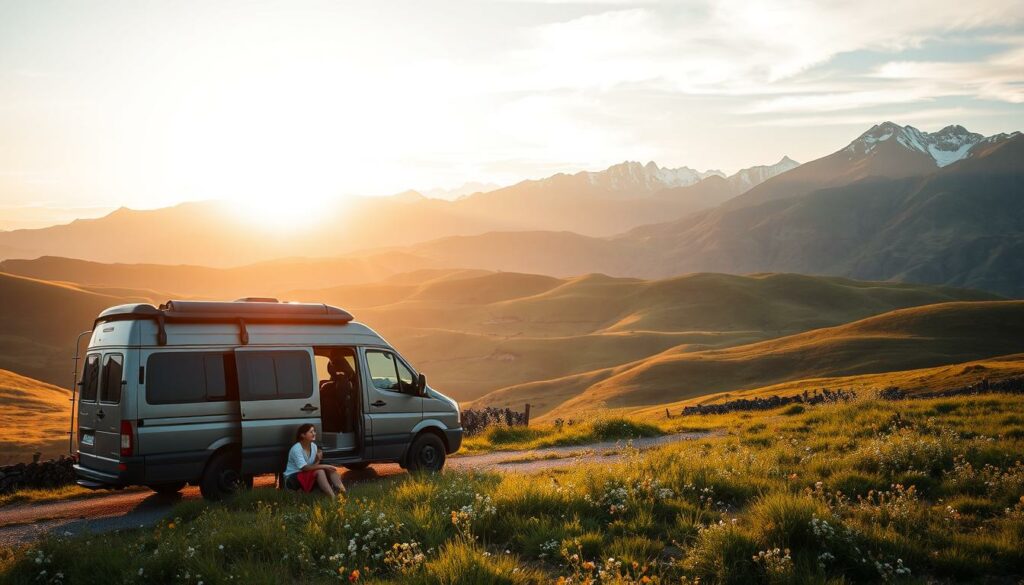 A-scenic-landscape-of-a-van-parked-amidst-rolling-hills-with-a-warm-golden-glow-from-the-1024x585 Été indien en van : Destinations et activités en 2025