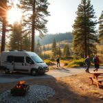 A serene campsite nestled in a lush, verdant forest, the sun's golden rays filtering through the towering pines. In the foreground, a well-appointed camping-car sits atop a gravel pad, its sleek design and gleaming exterior reflecting the tranquil surroundings. Nearby, a small firepit crackles, casting a warm glow on the scene. In the middle ground, a wooden picnic table invites guests to enjoy a meal al fresco, while hikers explore the meandering trails that wind through the landscape. The background features rolling hills dotted with more towering trees, creating a sense of privacy and seclusion. The overall atmosphere is one of relaxation and escape, perfectly capturing the essence of a camping-car rental experience.