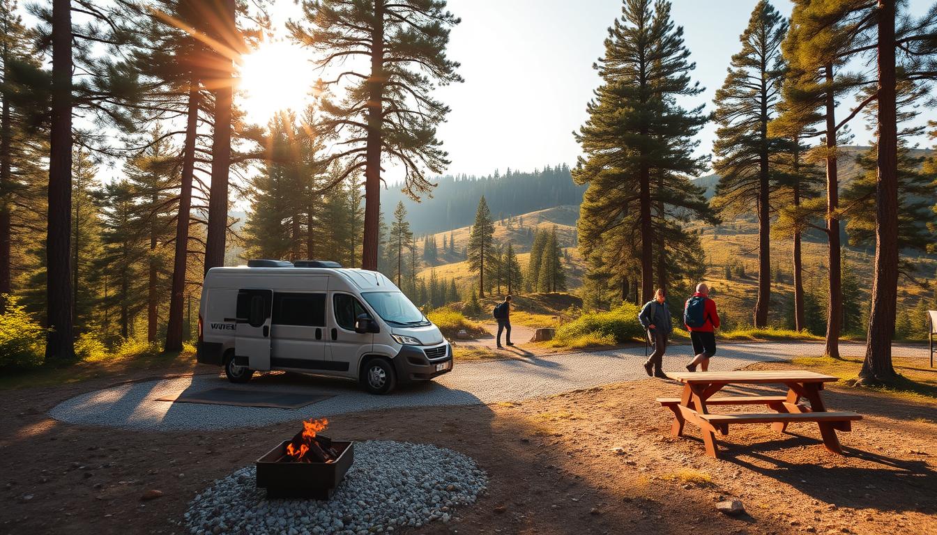 A serene campsite nestled in a lush, verdant forest, the sun's golden rays filtering through the towering pines. In the foreground, a well-appointed camping-car sits atop a gravel pad, its sleek design and gleaming exterior reflecting the tranquil surroundings. Nearby, a small firepit crackles, casting a warm glow on the scene. In the middle ground, a wooden picnic table invites guests to enjoy a meal al fresco, while hikers explore the meandering trails that wind through the landscape. The background features rolling hills dotted with more towering trees, creating a sense of privacy and seclusion. The overall atmosphere is one of relaxation and escape, perfectly capturing the essence of a camping-car rental experience.