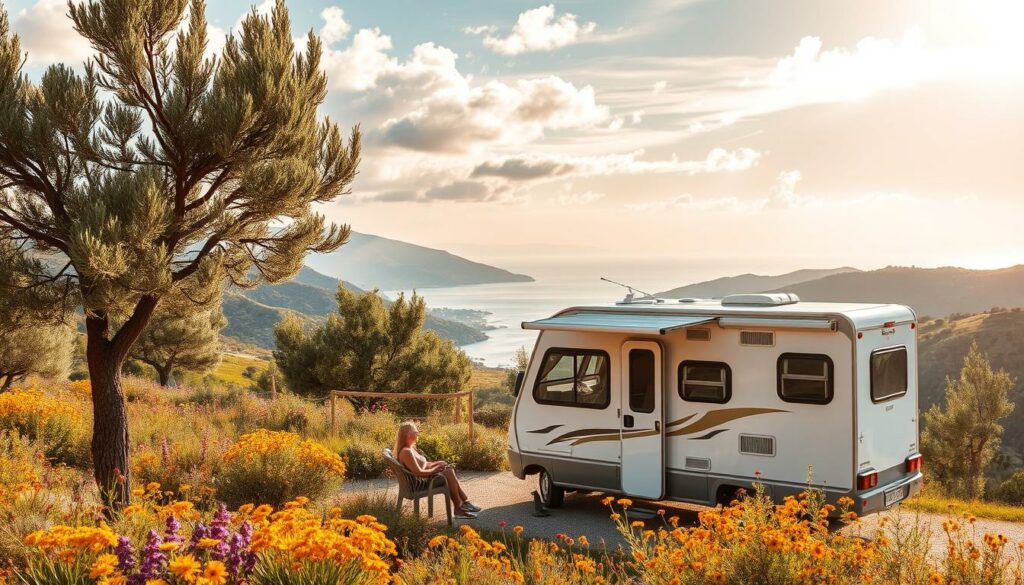 A-serene-campsite-nestled-in-the-rolling-hills-of-Greece-a-cozy-camper-van-parked-amidst-1024x585 Ce pays interdit les camping-cars dès l’été 2025 : ce qui va vraiment changer