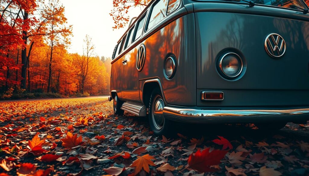 A-vintage-Volkswagen-van-parked-amidst-a-vibrant-autumn-landscape-its-warm-orange-and-red-hues-1024x585 Été indien en van : Destinations et activités en 2025