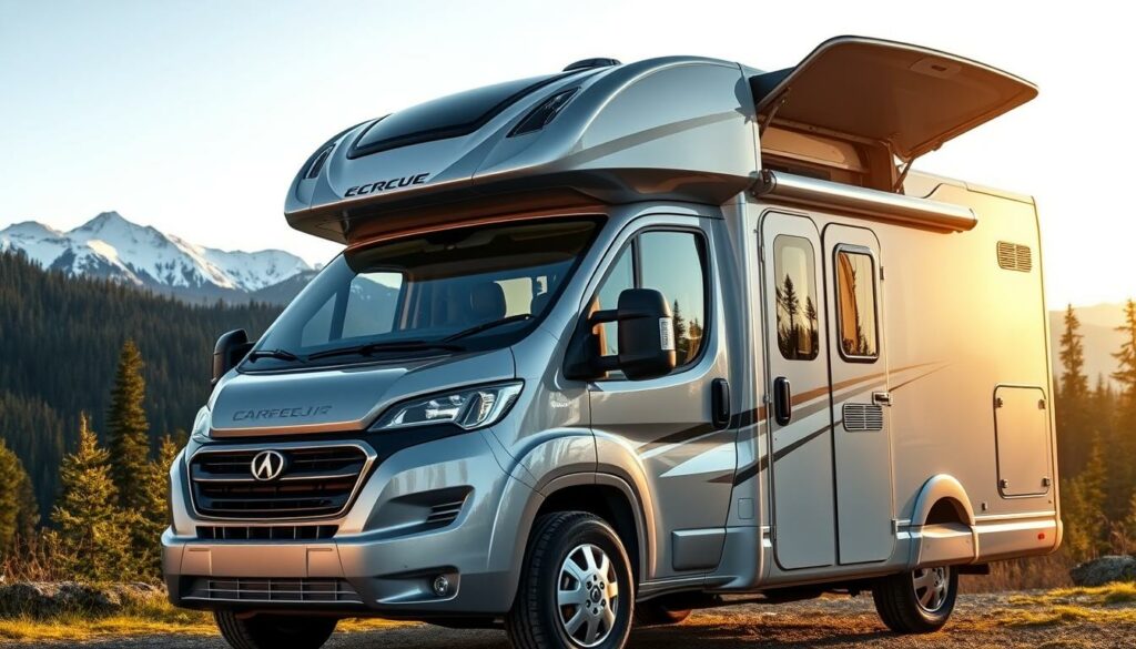A-well-equipped-and-secure-camping-car-its-exterior-gleaming-in-the-warm-afternoon-light.-The--1024x585 Camping-car en Europe : ce changement de règles cet été risque de tout bouleverser