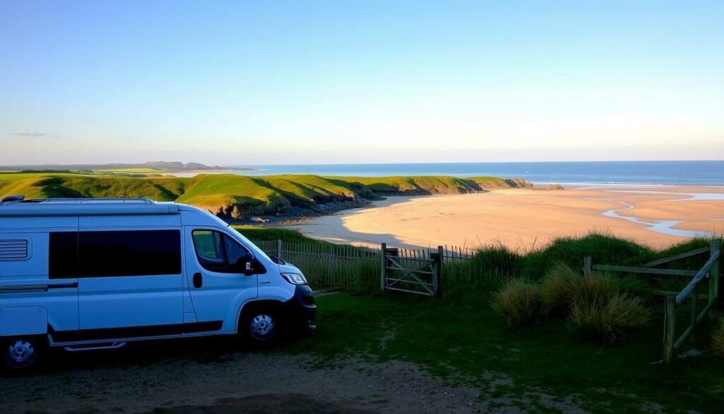 Image-de-la-Baie-de-Somme-avec-un-camping-car-gare-pres-dune-plage-1024x585 5 destinations idéales à découvrir en camping-car 2025