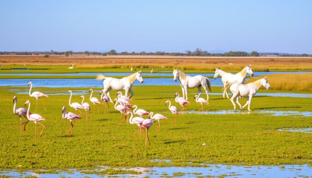 Image-de-la-Camargue-avec-des-flamants-roses-et-des-chevaux-1024x585 5 destinations idéales à découvrir en camping-car 2025