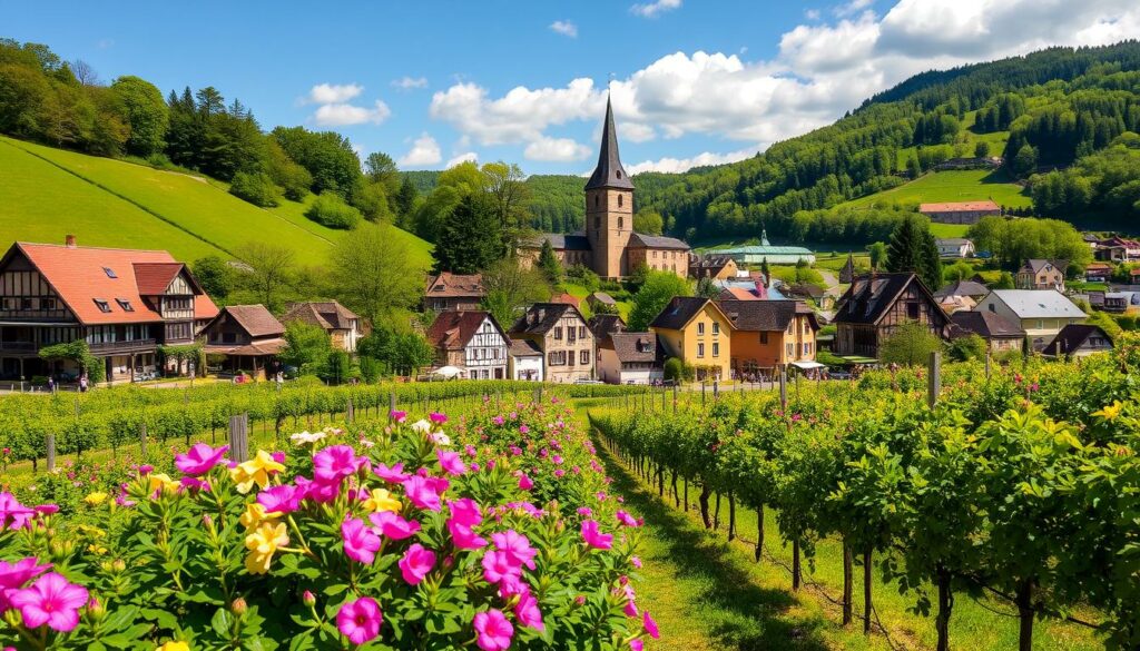 Image-de-la-Route-des-Vins-dAlsace-en-mai-avec-des-vignobles-verdoyants-et-des-villages-1024x585 Où partir en van en mai ? Nos idées-destinations en France !