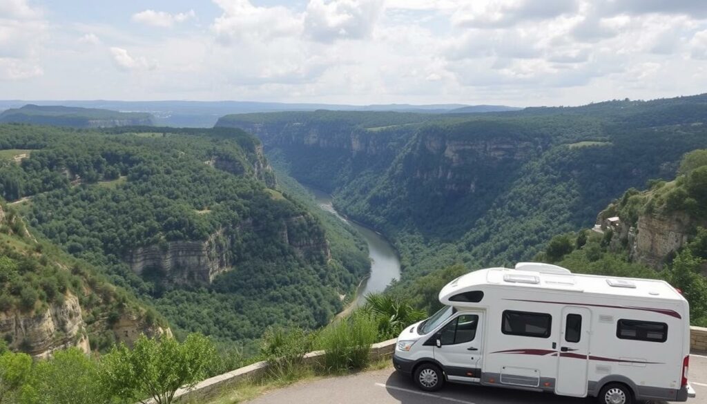 Image-des-Gorges-de-lArdeche-avec-un-camping-car-1024x585 5 destinations idéales à découvrir en camping-car 2025
