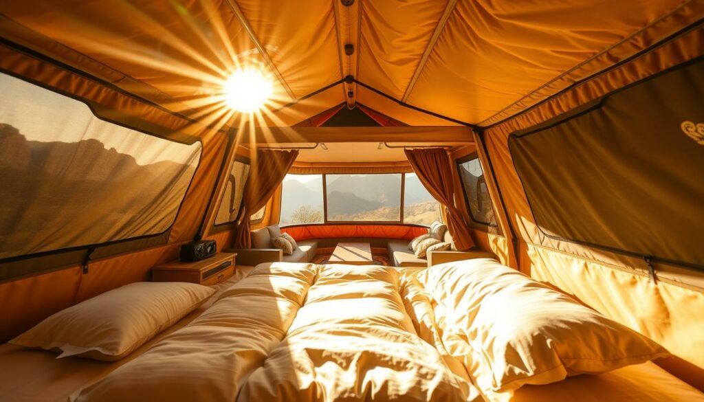 A-cozy-and-well-equipped-interior-of-a-rooftop-tent-bathed-in-warm-golden-sunlight-filtering--1024x585 Comment choisir sa tente de toit ? Suivez le guide !