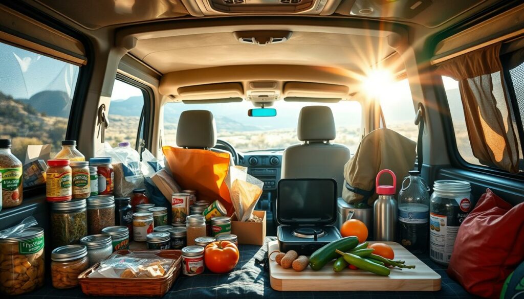 A-cozy-and-well-stocked-camping-van-interior-with-a-mid-morning-sunlight-filtering-through-the-1024x585 ASTUCES POUR MIEUX CUISINER EN CAMPING-CAR