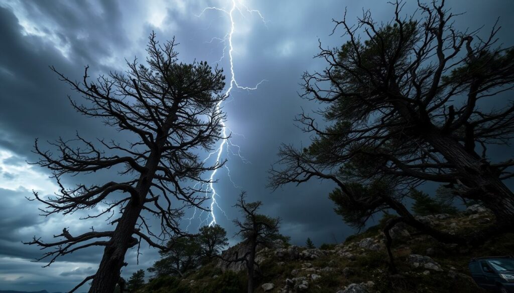 A-dramatic-high-angle-shot-of-a-powerful-foudre-lightning-bolt-streaking-across-a-stormy-1024x585 Nos conseils contre les risques d’orage en van ou en camping-car