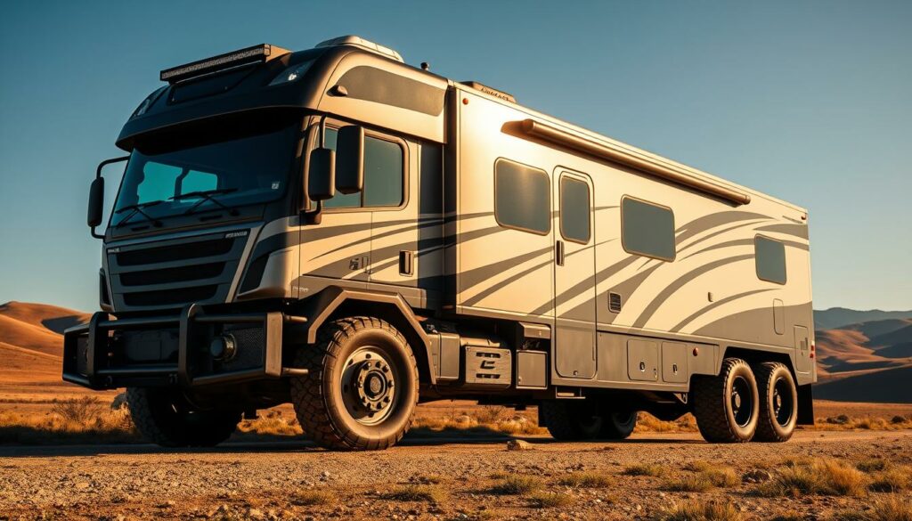 A-large-heavy-duty-recreational-vehicle-stands-proudly-against-a-backdrop-of-rolling-hills-and-1024x585 Camping-car poids lourd avec un permis B : l’incroyable exception française