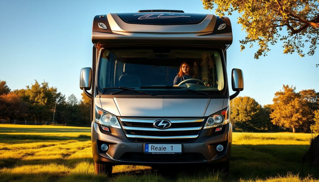 A-large-recreational-vehicle-RV-with-a-French-camper-van-permit-parked-on-a-grassy-field-1024x585 Camping-car poids lourd avec un permis B : l’incroyable exception française