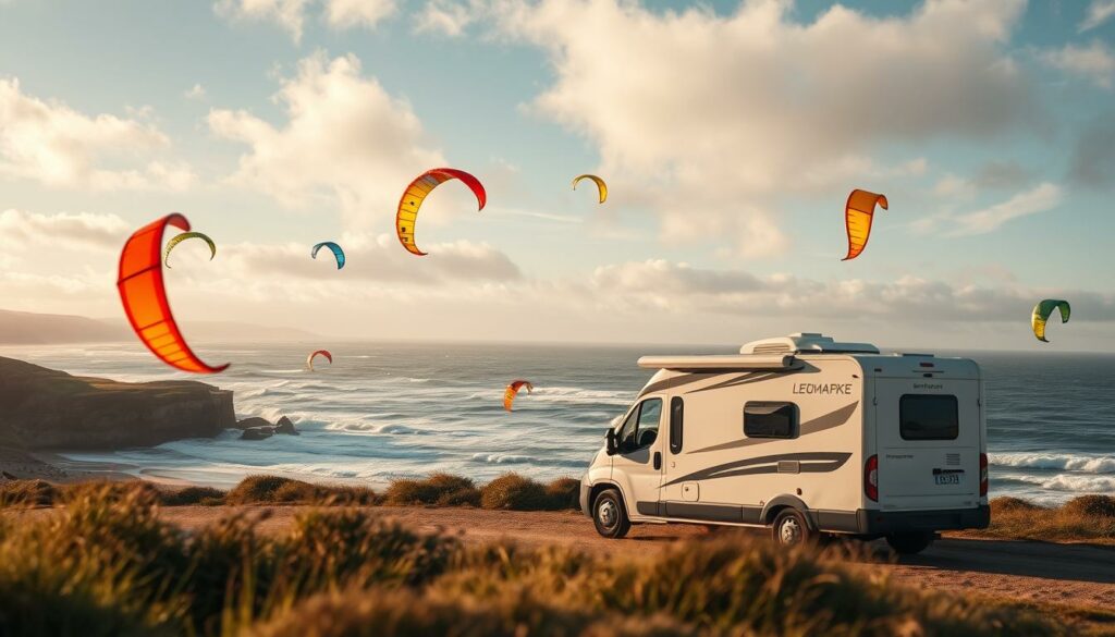 A-picturesque-camping-car-nestled-amidst-a-breathtaking-coastal-landscape-its-sleek-silhouette-1024x585 Les sports de vent en camping-car