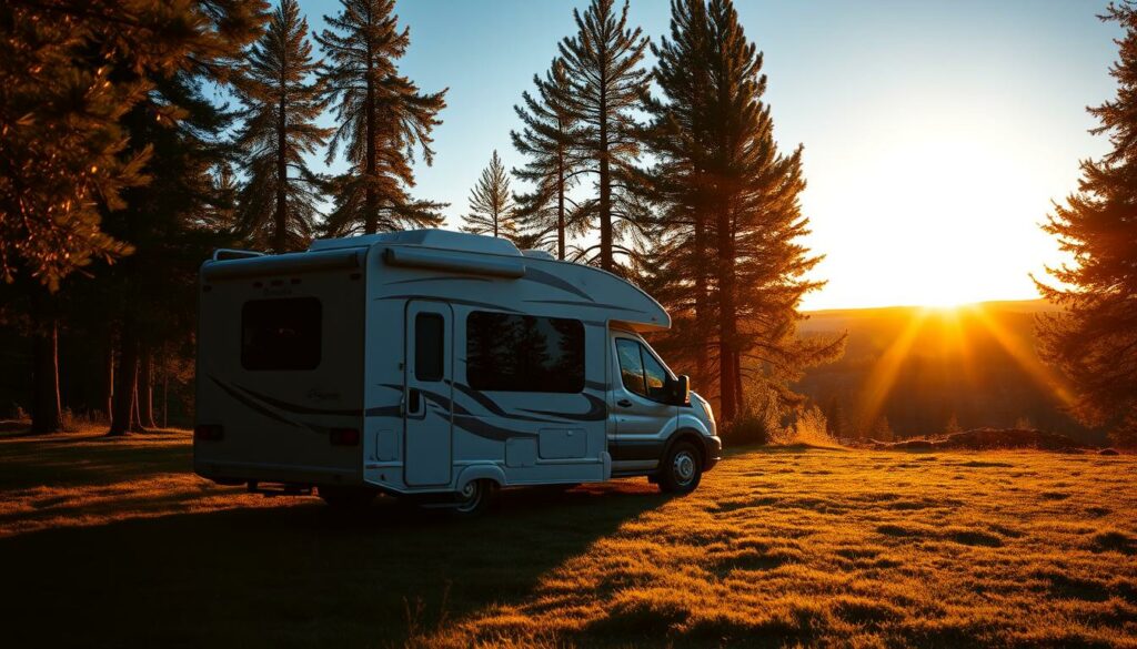 A-securely-parked-recreational-vehicle-nestled-in-a-well-lit-grassy-clearing-surrounded-by-1024x585 Nos conseils contre les risques d’orage en van ou en camping-car