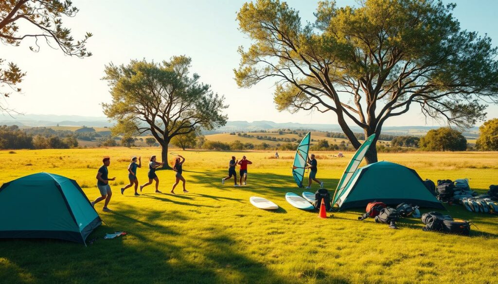 A-serene-campsite-nestled-in-a-lush-green-meadow-with-a-gentle-breeze-rustling-the-trees.-In-1024x585 Les sports de vent en camping-car
