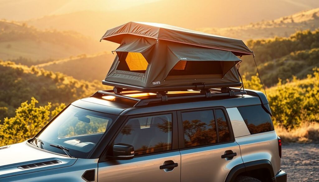 A-sleek-and-modern-roof-top-tent-nestled-atop-a-rugged-4x4-vehicle-bathed-in-warm-golden-1024x585 Comment choisir sa tente de toit ? Suivez le guide !