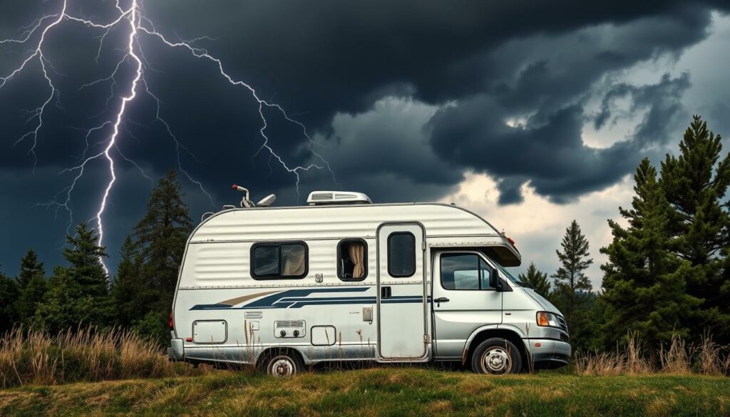 A-weathered-camping-car-parked-on-a-grassy-knoll-its-silver-exterior-gleaming-against-the-1024x585 Nos conseils contre les risques d’orage en van ou en camping-car