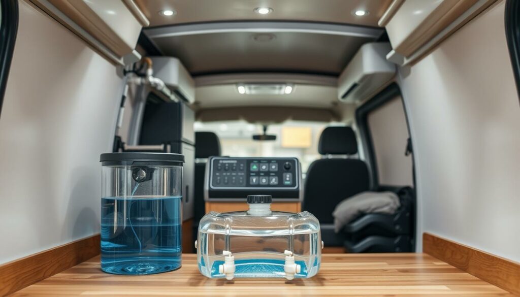 A-well-equipped-and-organized-camper-van-interior-showcasing-a-practical-water-system.-In-the--1024x585 Réservoir d’eau pour camping car : Solutions pratiques