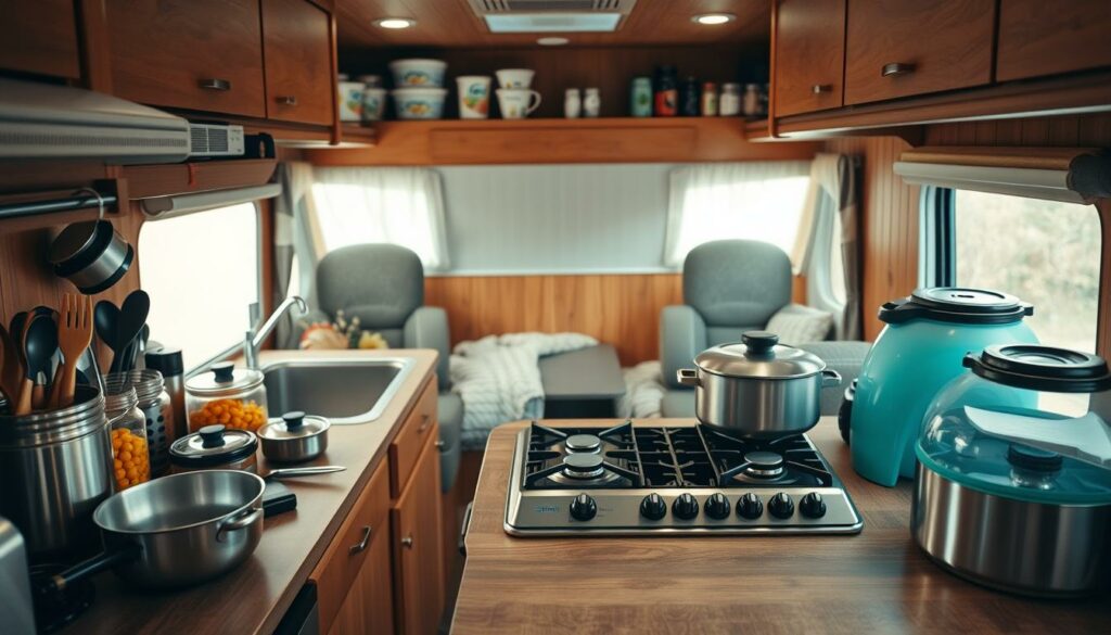 A-well-equipped-camping-kitchen-in-a-cozy-RV-interior.-The-foreground-features-an-array-of-1024x585 ASTUCES POUR MIEUX CUISINER EN CAMPING-CAR