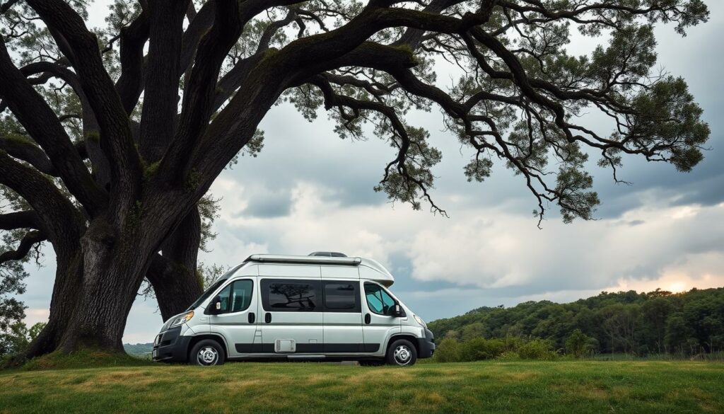 A-well-equipped-camping-van-parked-on-a-grassy-knoll-sheltered-under-the-sturdy-frame-of-a-1024x585 Nos conseils contre les risques d’orage en van ou en camping-car