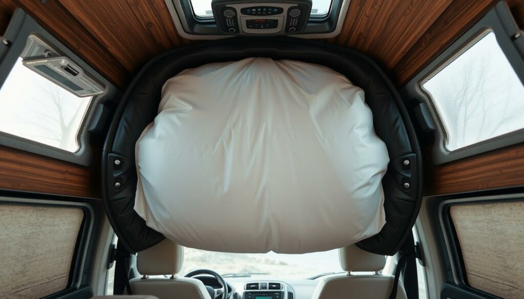 A-well-lit-high-resolution-photograph-of-the-interior-of-a-camper-van-featuring-the-airbag-1024x585 Airbag de camping-car : Quelle est sa durée de vie après l’affaire Takata ?